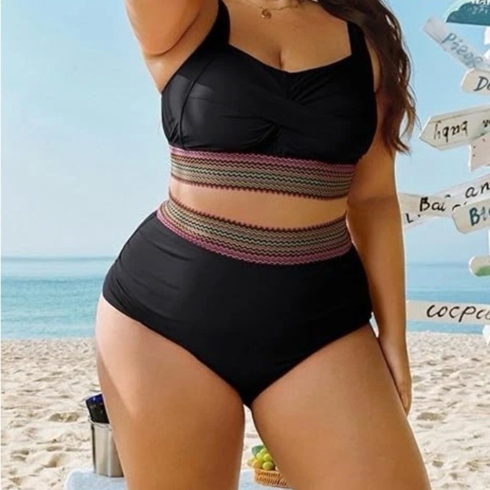 NWT Hanna Nikole Women’s Black 2 Piece High Waist Swimsuit 20W